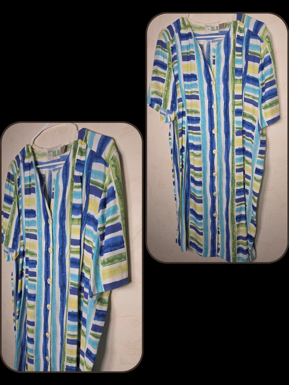 Vintage Jill Jr Shirt Dress Women Blue Green Watercolor Striped Button Up Large
